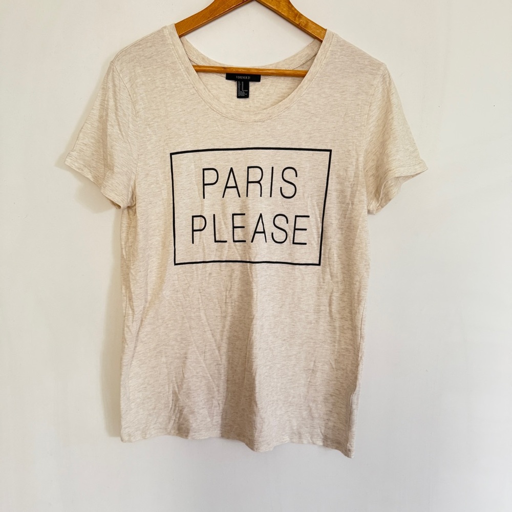Forever 21 Woman Ivory Short Sleeve T-shirt Black Graphic PARIS PLEASE Size M